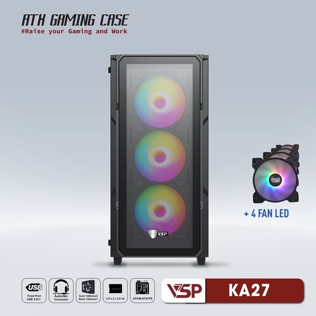 Vỏ Case Máy Tính VSP Gaming KA27 - Đen  + 4 fans Led