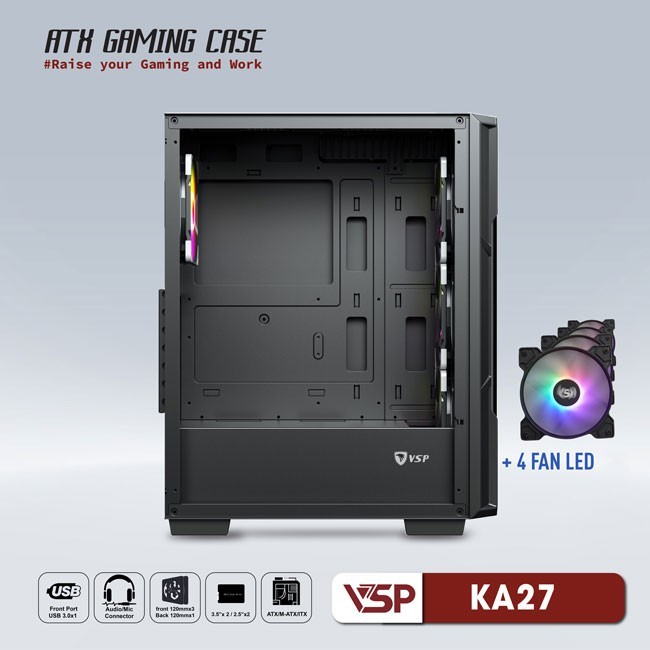 Vỏ Case Máy Tính VSP Gaming KA27 - Đen  + 4 fans Led