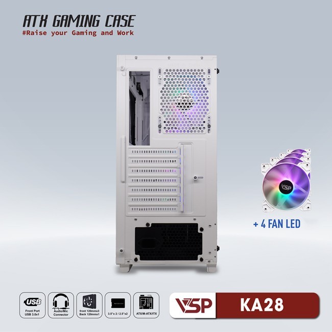Vỏ Case Máy Tính VSP Gaming KA28 - Trắng + 4fans Led