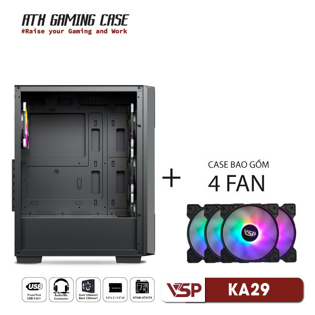 Vỏ Case Máy Tính VSP Gaming KA29 - Đen + 4fans Led