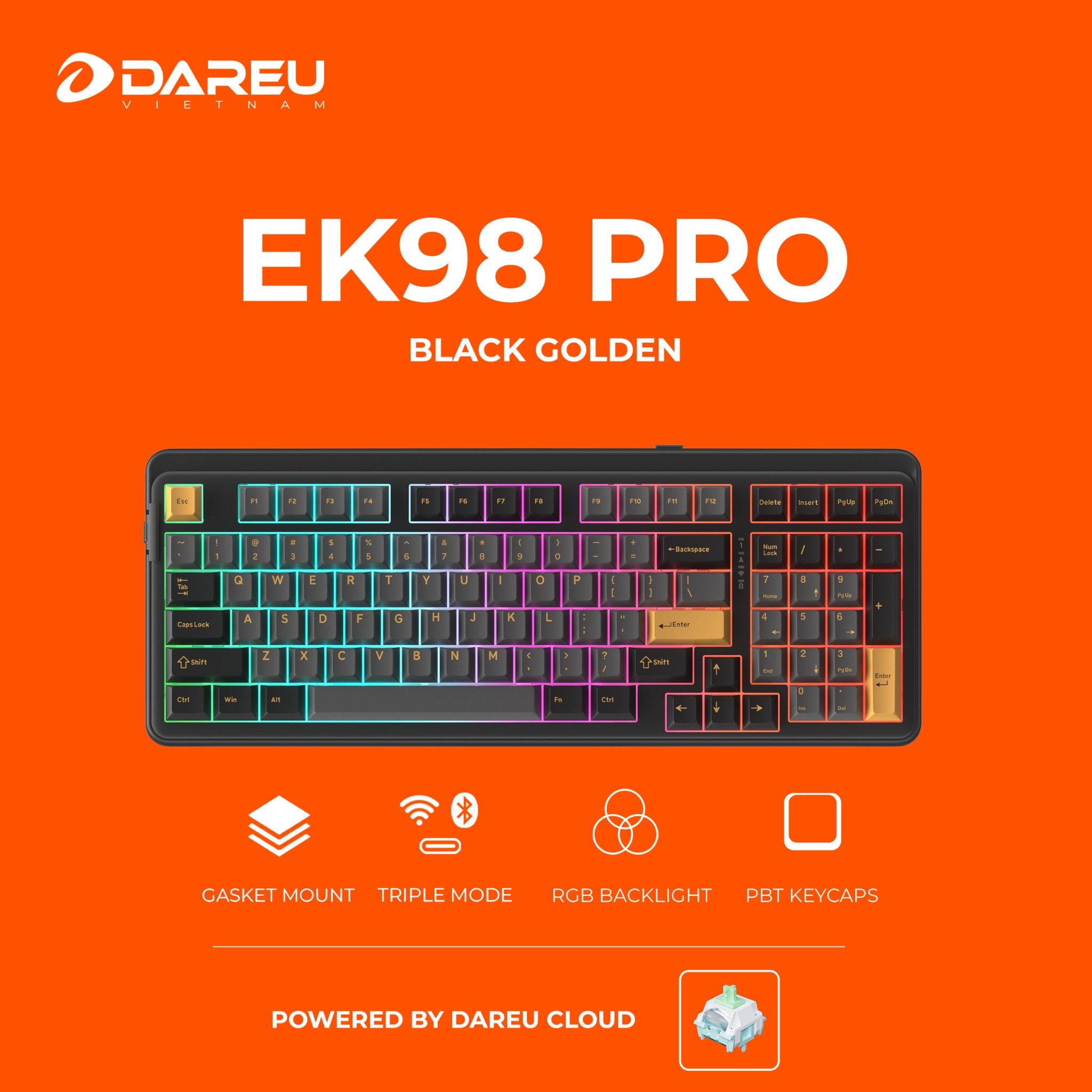 Bàn phím cơ không dây Dare-U EK98 Pro Black - Golden