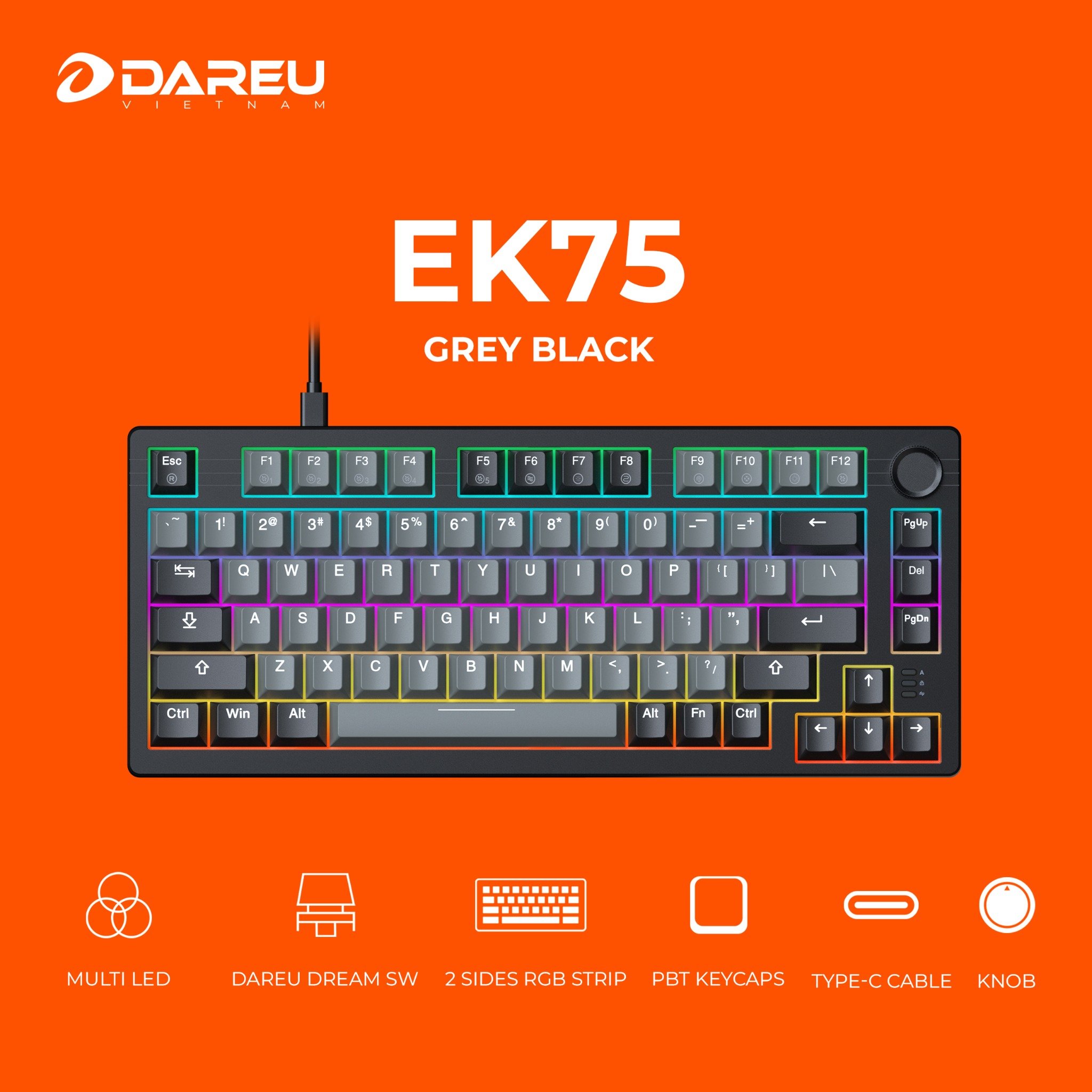 Bàn phím cơ Gaming DAREU EK75 - GREY BLACK