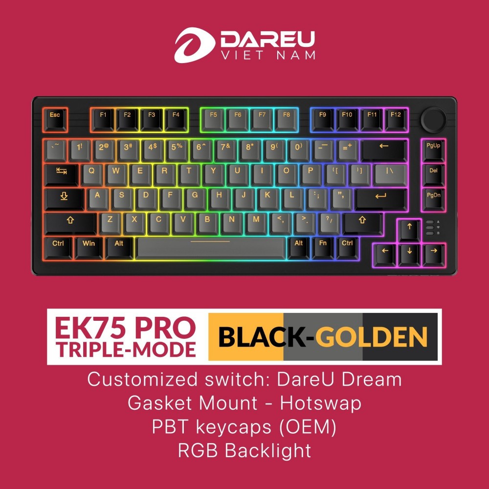 Bàn phím cơ không dây DAREU EK75 PRO – BLACK GOLDEN