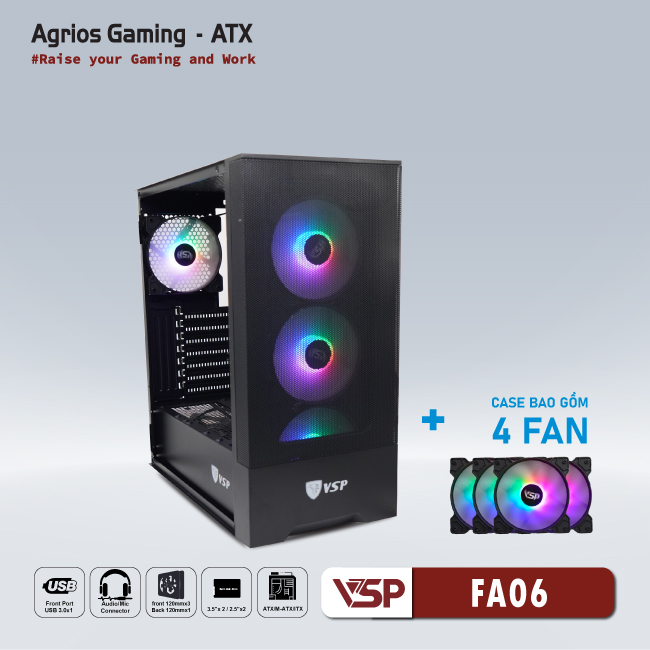 CASE VSP GAMING FA06- Black + 4Fans Led
