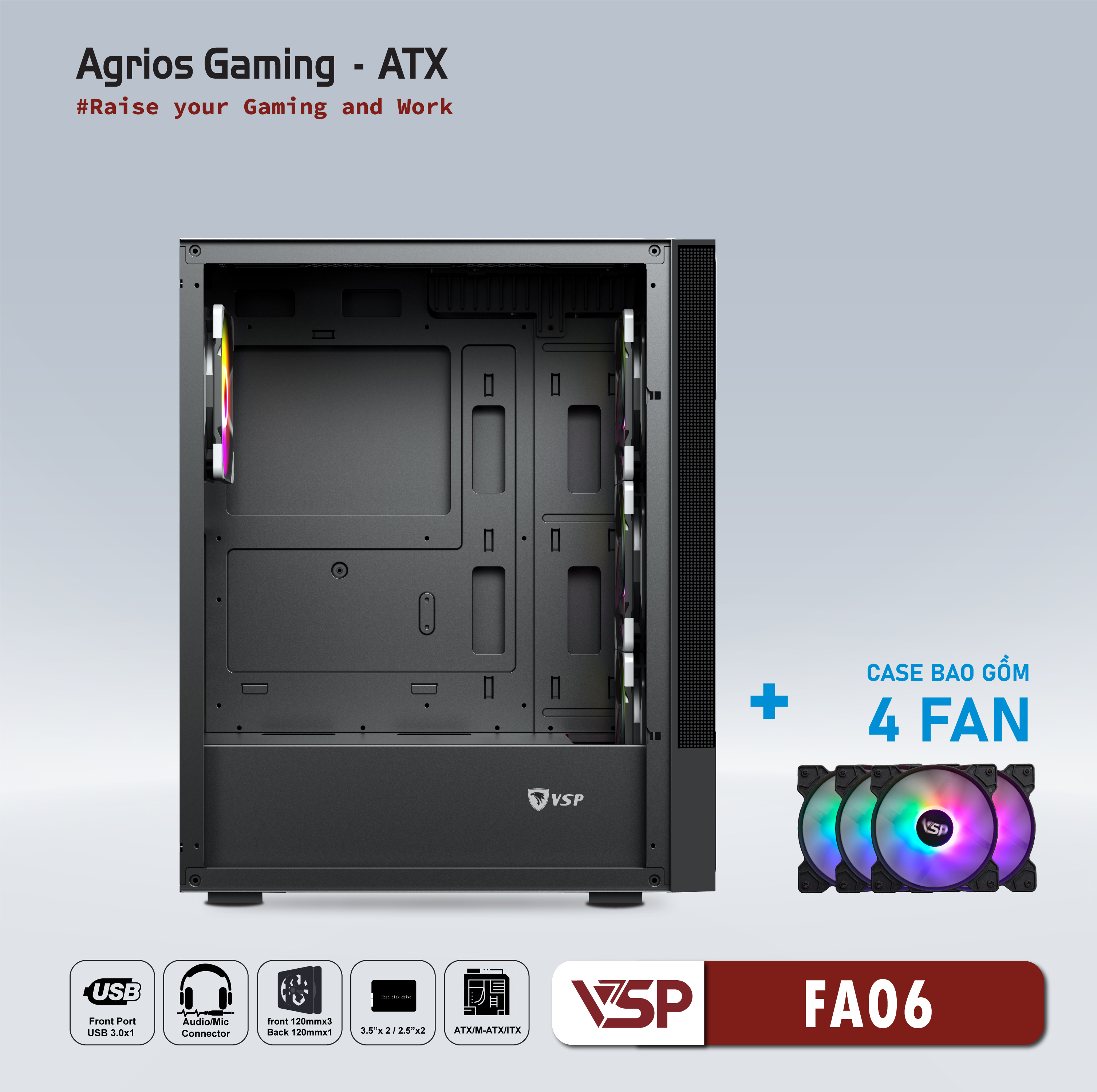 CASE VSP GAMING FA06- Black + 4Fans Led